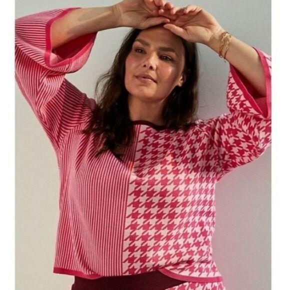Anthro Dolan Knit Lounge Bell Sleeve Striped/Houndstooth Sweater - Picture 2 of 10